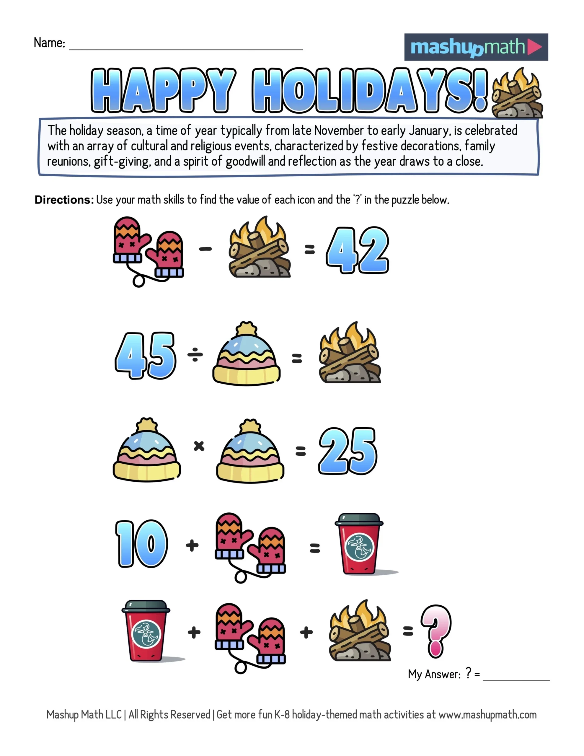 Holiday Math Puzzles Worksheets