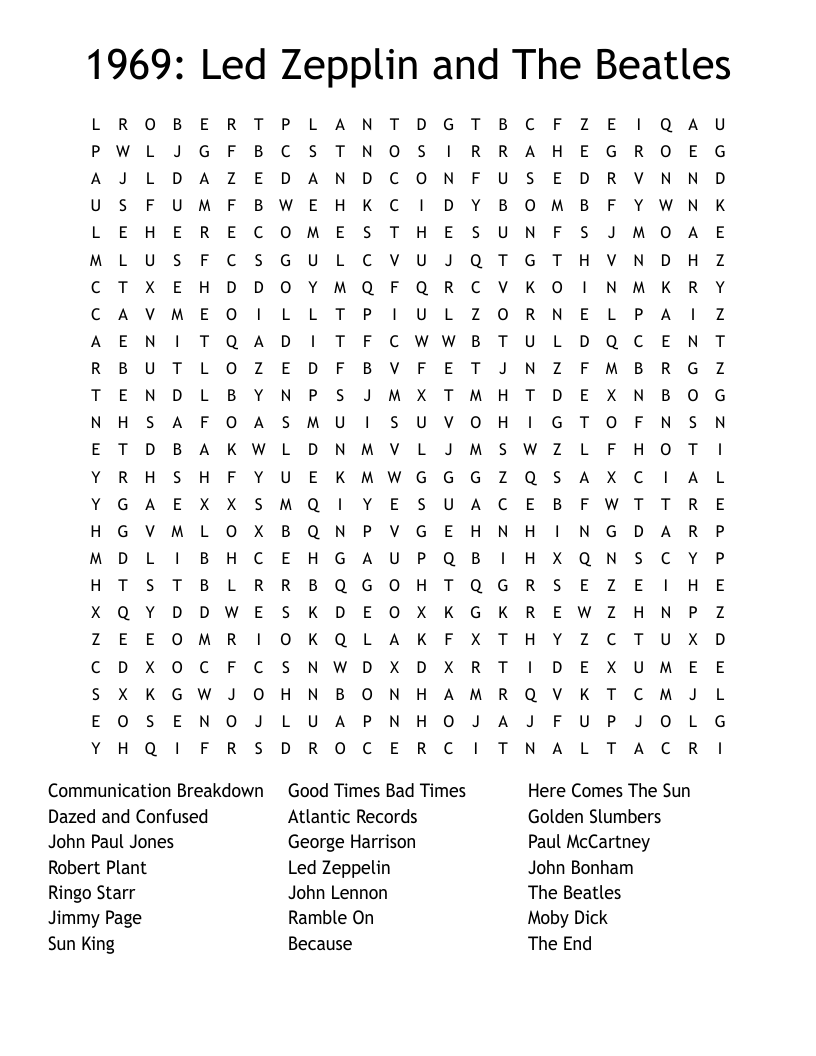 1969 Led Zepplin And The Beatles Word Search WordMint