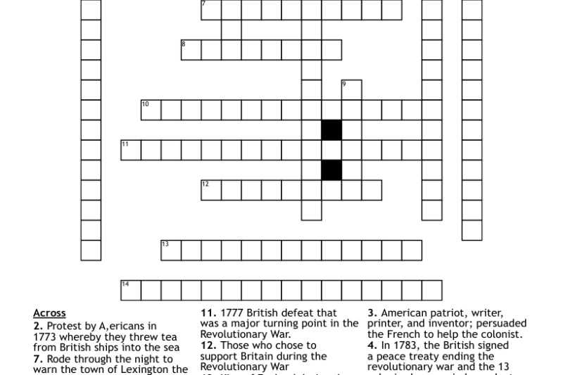 American Revolution Crossword Puzzle Answer Key