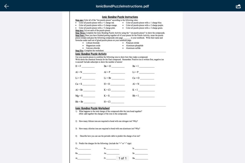 Ionic Bonding Puzzle Activity Worksheet