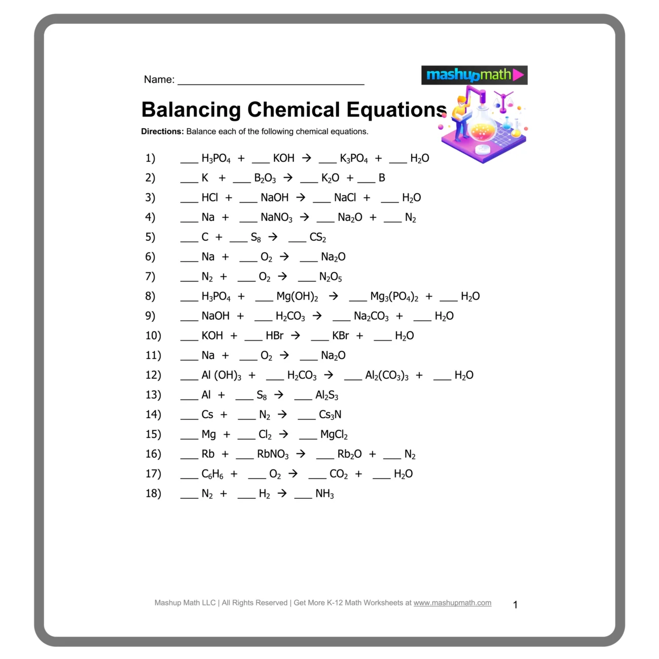 Balancing Chemical Equations Worksheets with Answers Mashup Math