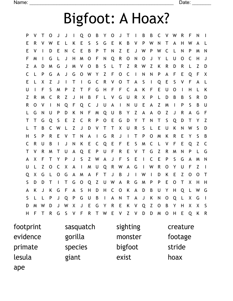 Bigfoot A Hoax Word Search WordMint