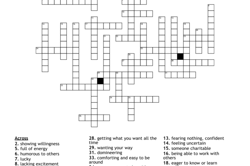 Printable Character Traits Crossword Puzzle