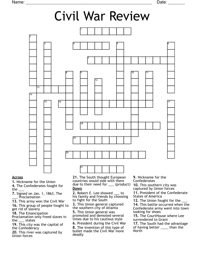 Civil War Review Crossword WordMint