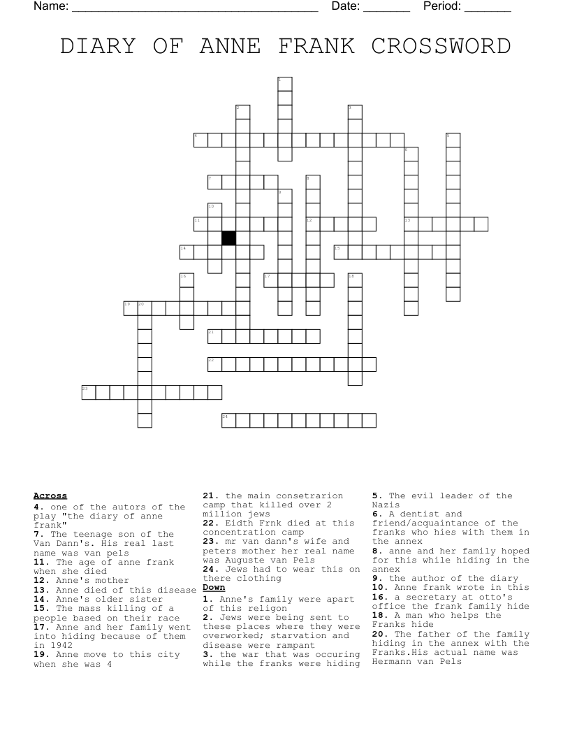 DIARY OF ANNE FRANK CROSSWORD WordMint