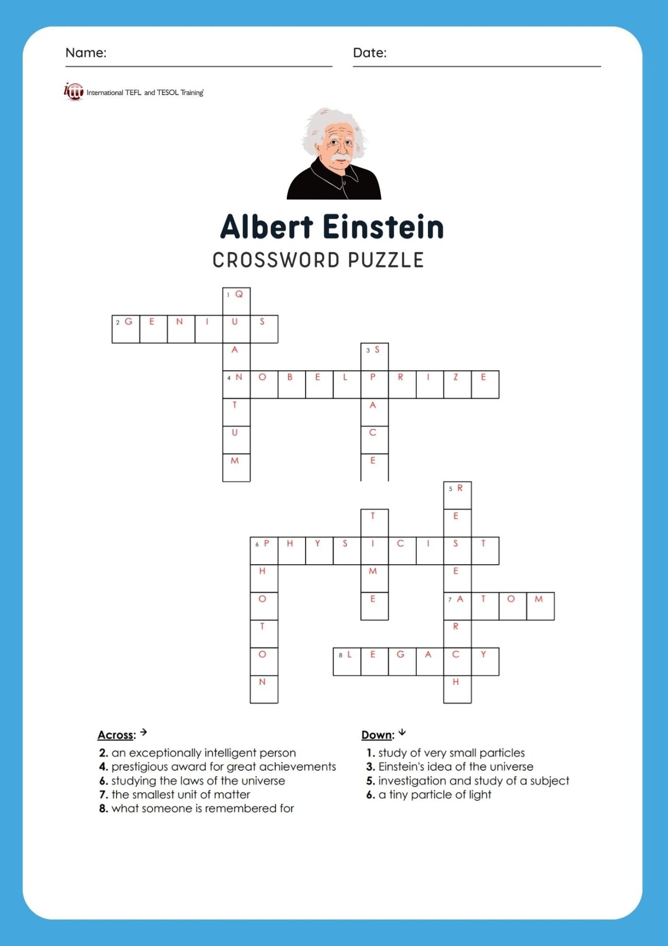 EFL Albert Einstein Vocabulary Crossword Puzzle ITTT
