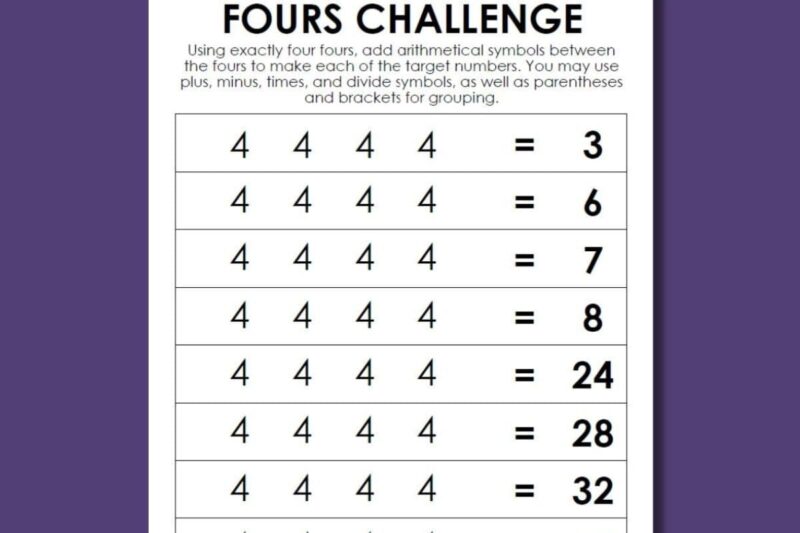 Four Fours Puzzle Worksheet