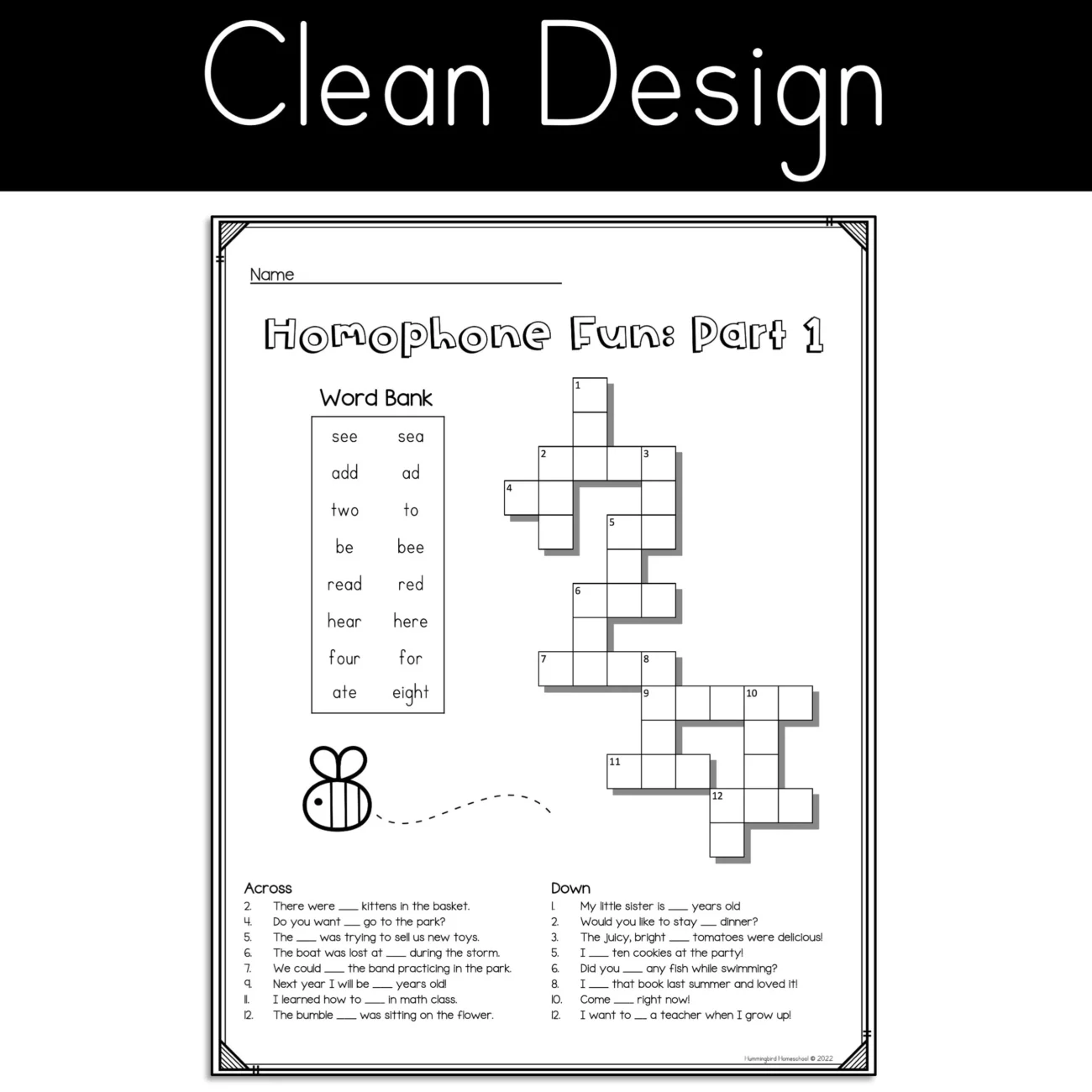Homophone Crossword Puzzles With Answers Hummingbird Homeschool