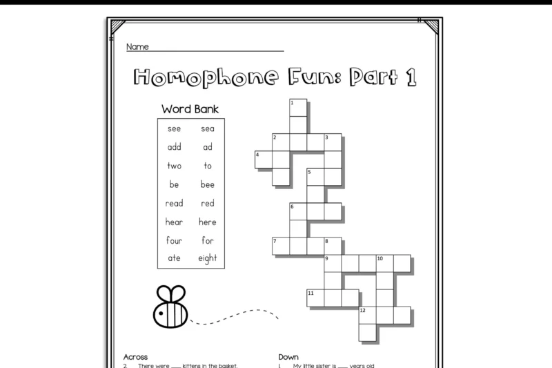 Homophone Crossword Puzzle Printable