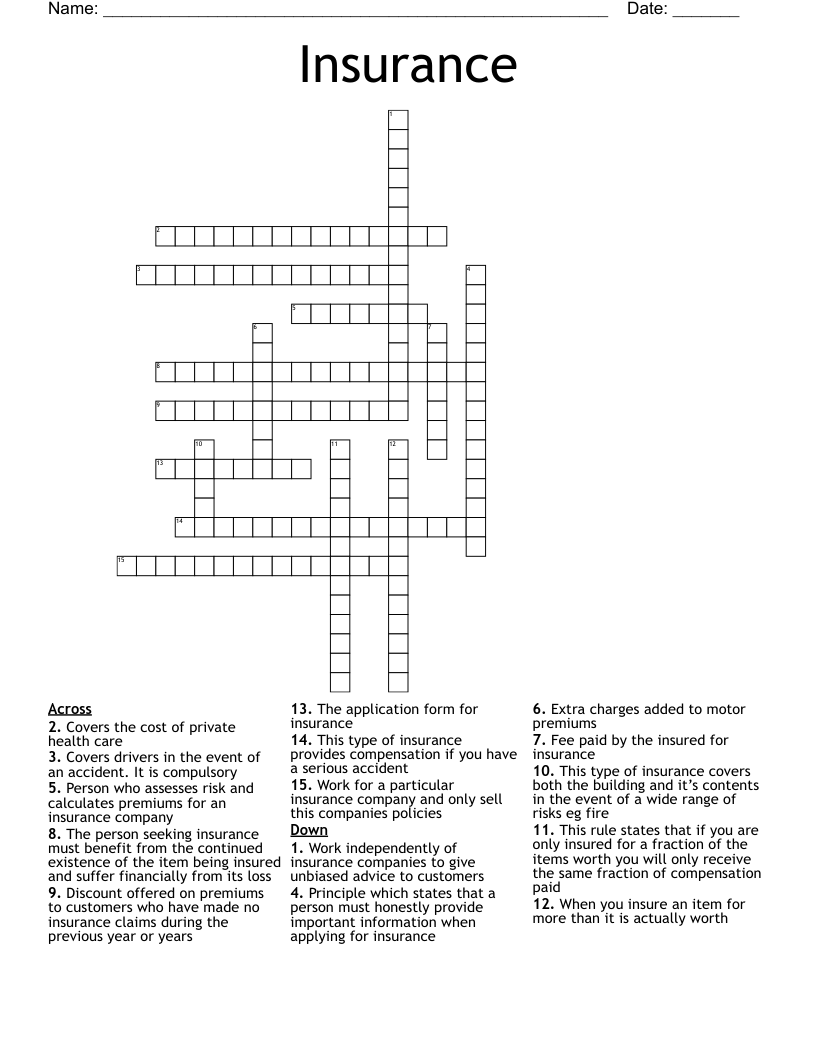 Insurance Crossword WordMint