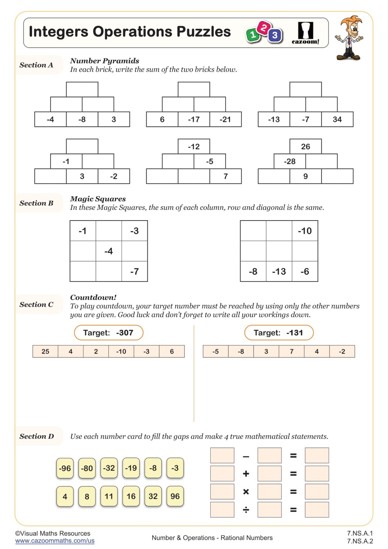 Integers Operations Puzzles Worksheet PDF Printable Number