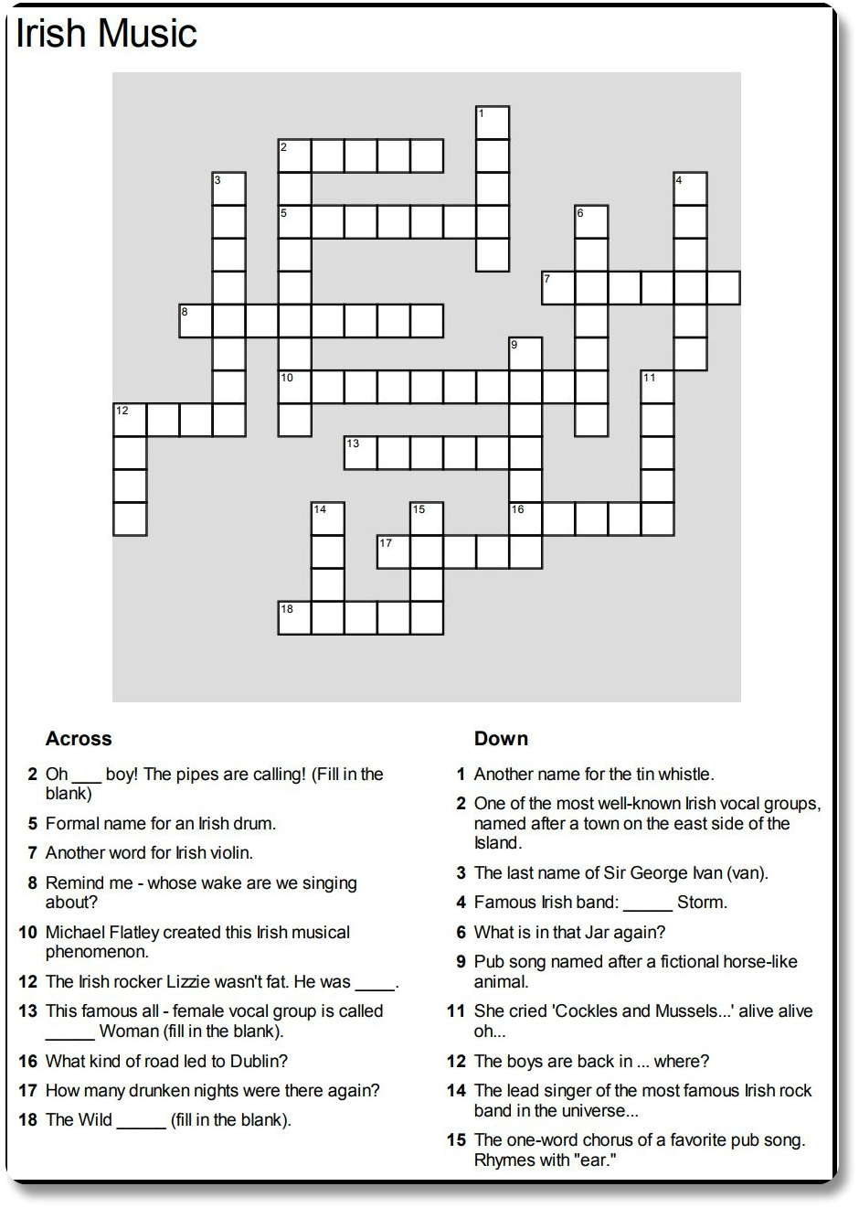 Irish Music Crossword Puzzle Challenge Your Knowledge Of Irish Music
