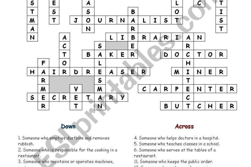 Occupation Crossword Puzzle Worksheet Answer Key