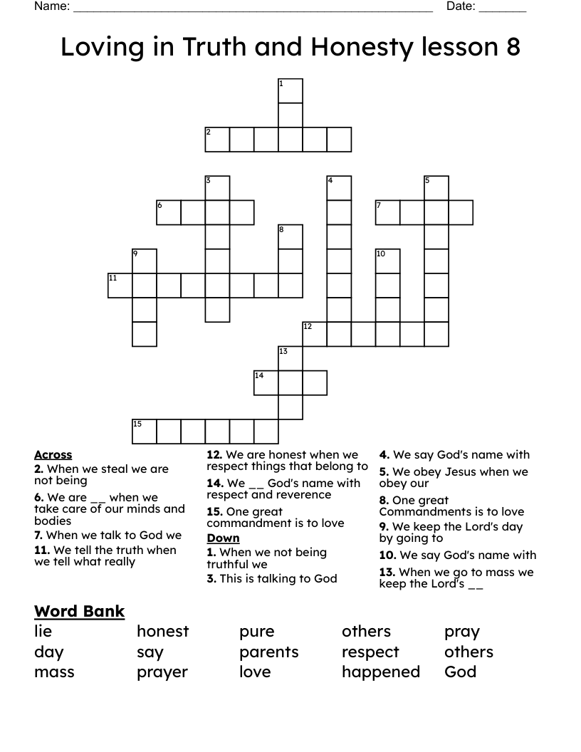 Loving In Truth And Honesty Lesson 8 Crossword WordMint