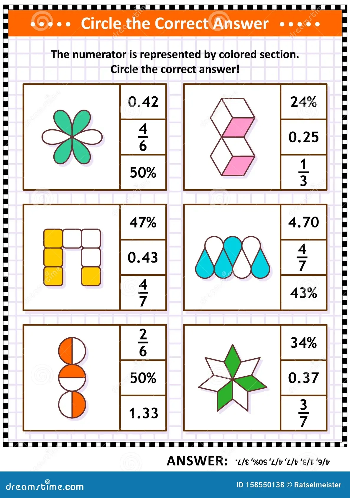Math Puzzle Worksheet Or Task Cards To Learn And Practice Fractions Decimals Percentage Stock Vector Illustration Of Game Mathematics 158550138