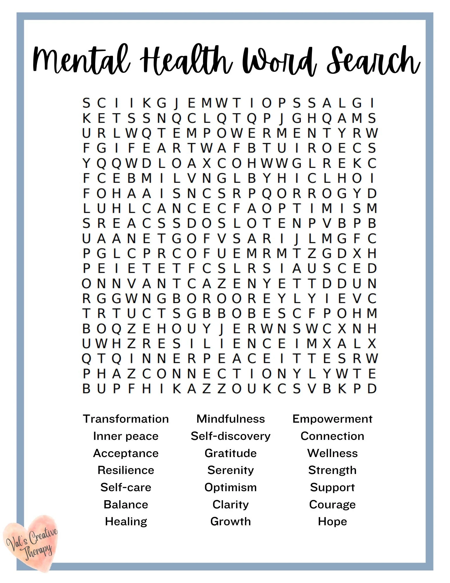 Printable Mental Health Crossword Puzzles