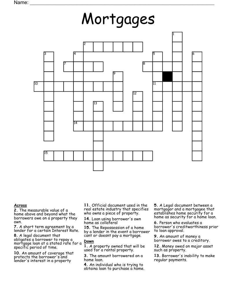 Mortgages Crossword WordMint