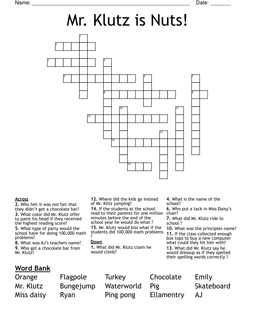 Mr Klutz Is Nuts Crossword WordMint