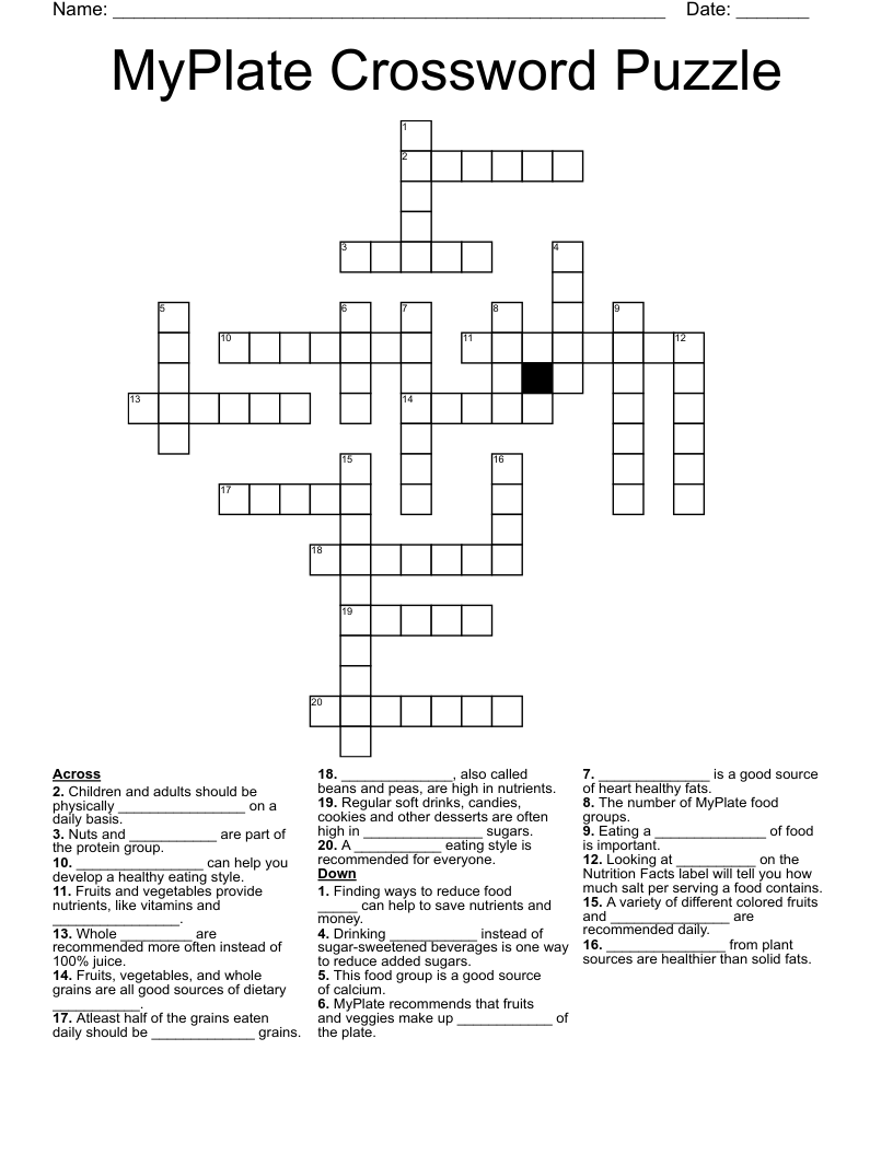 MyPlate Crossword Puzzle WordMint