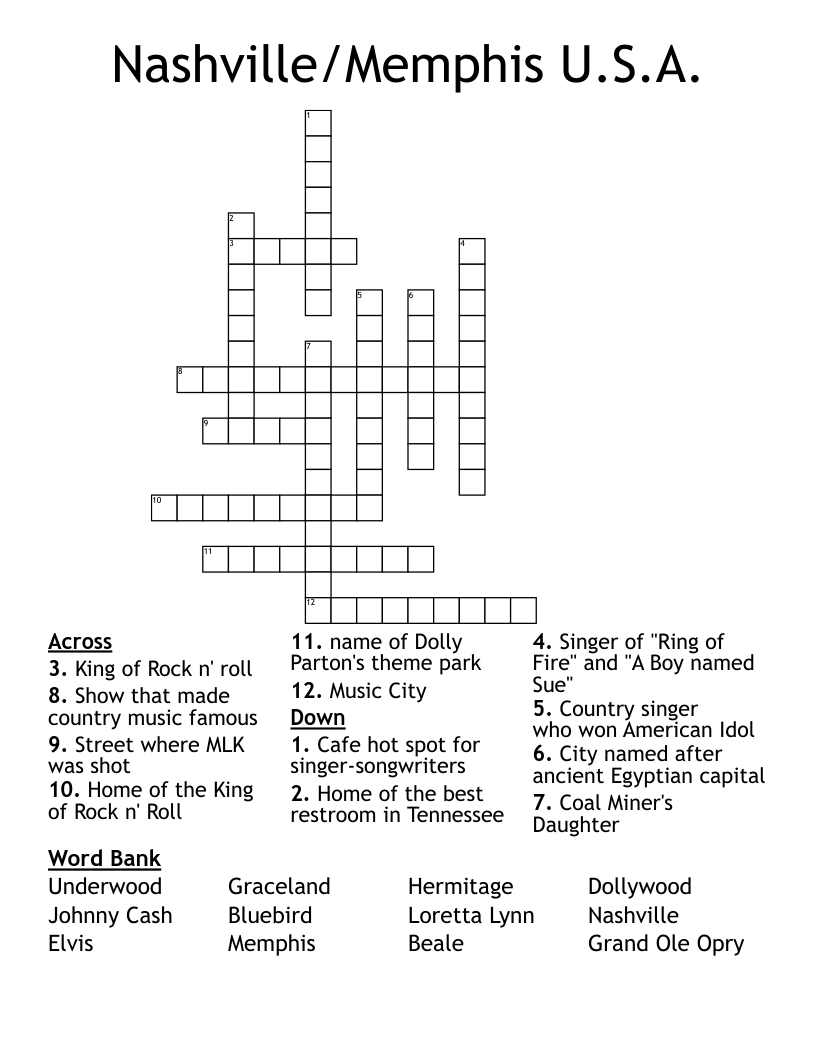 Nashville Memphis U S A Crossword WordMint