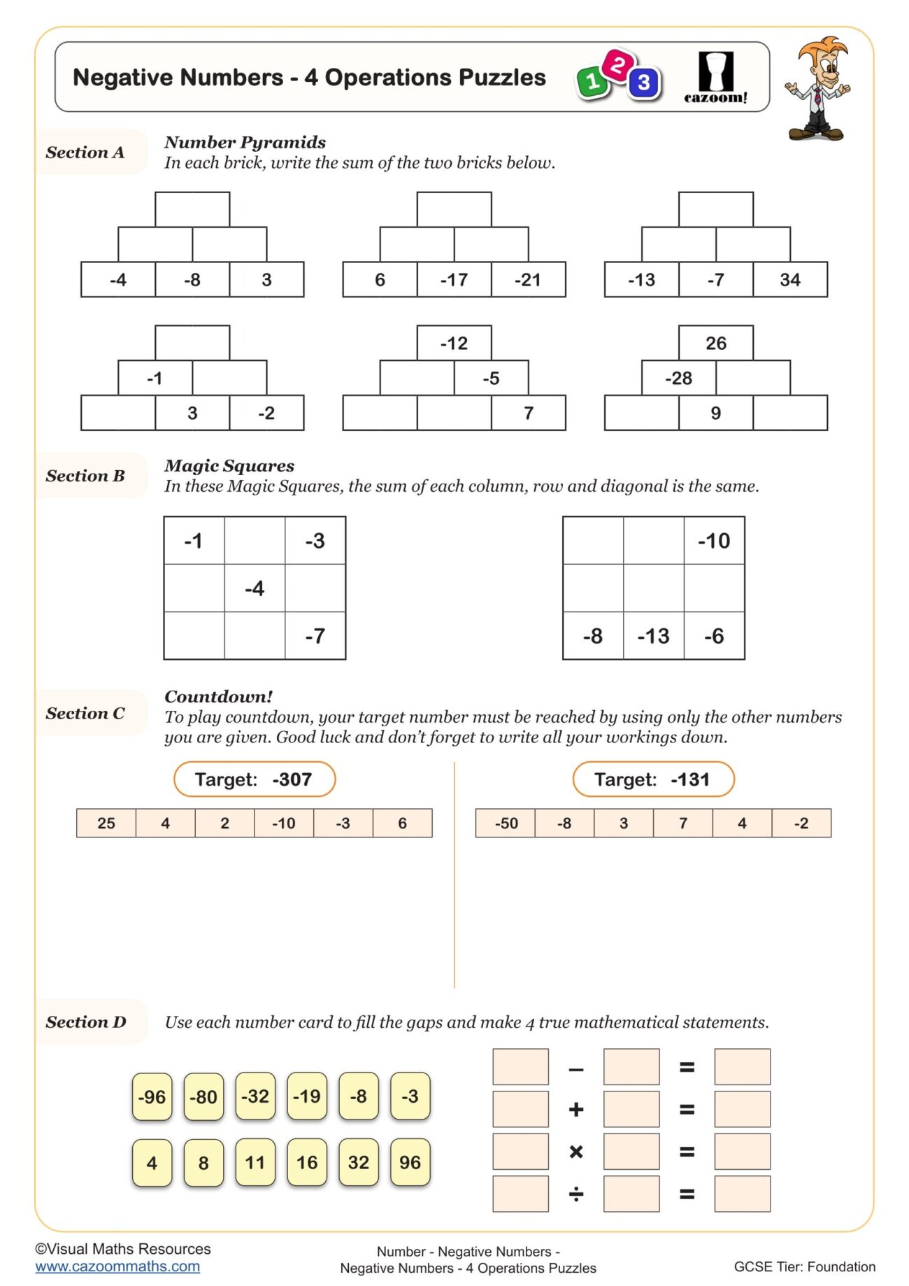 Negative Numbers 4 Operations Puzzles Worksheet Cazoom Maths Worksheets