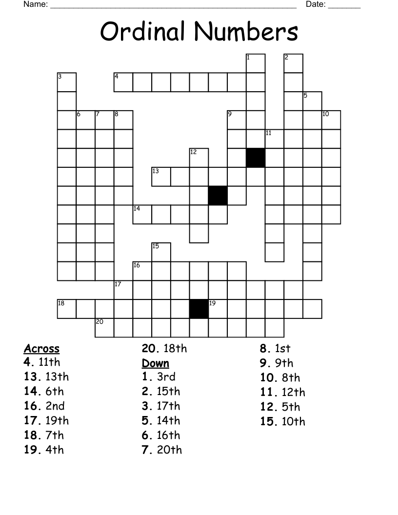 Ordinal Numbers Crossword WordMint