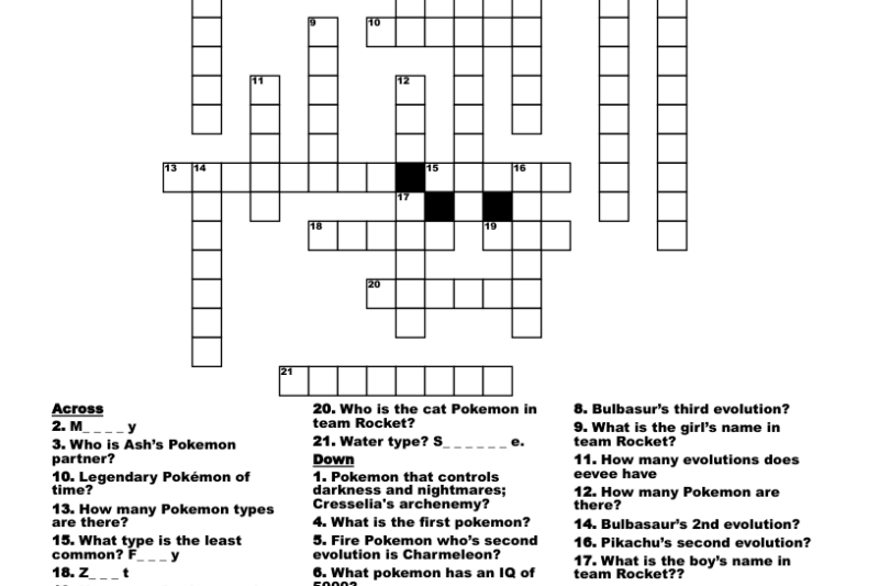 Pokemon Crossword Puzzle Printable
