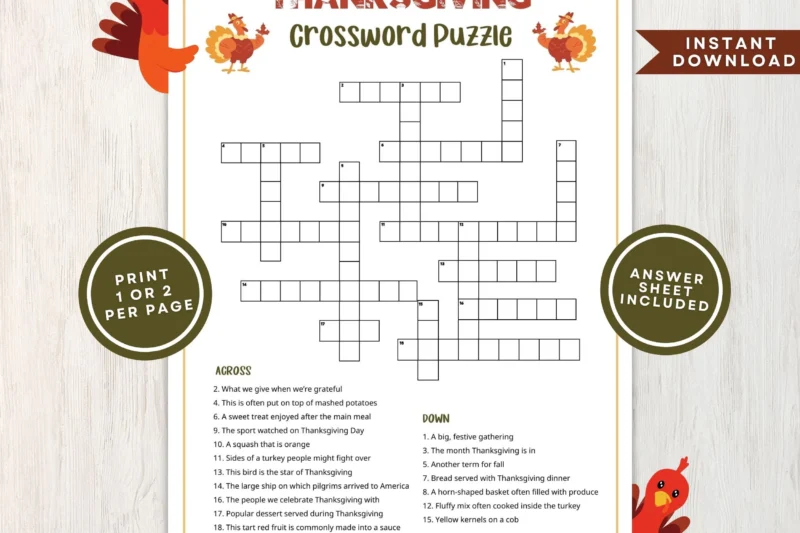 Thanksgiving Crossword Puzzle Printable W Ansqwers
