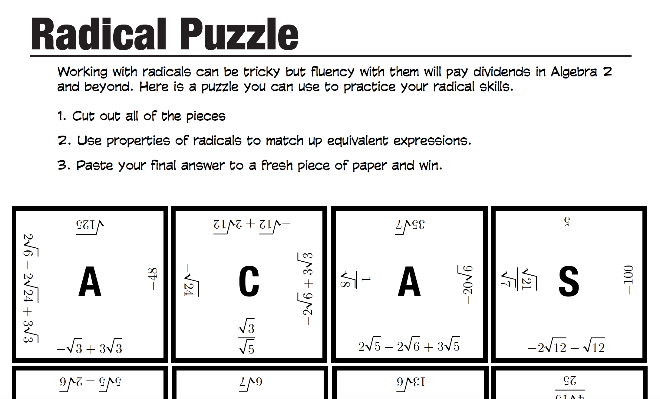 A Radical Puzzle Worksheet