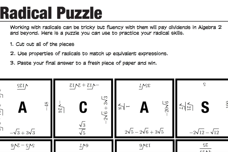 Simplifying Radical Expressions Puzzle Worksheet