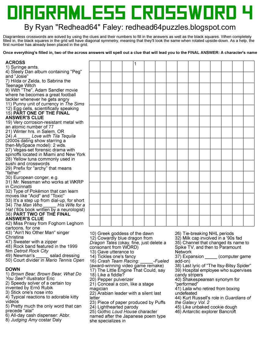 Redhead64s Obscure Puzzle Blog PUZZLE 282 Diagramless Crossword 4 Worksheets Library