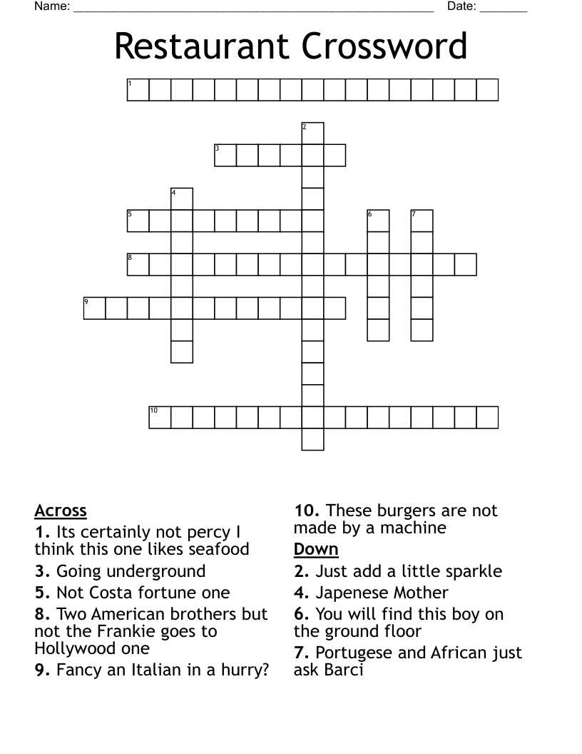 Restaurant Crossword WordMint