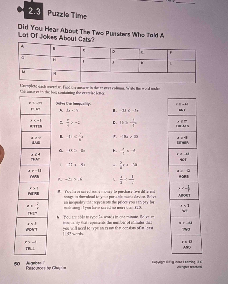 Solved 2 3 Puzzle Time Did You Hear About The Two Punsters Who Told A Lot Of Jokes About Lete Eac Math