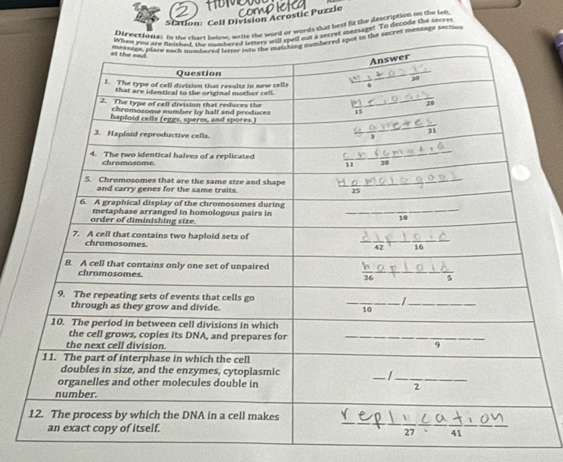Solved Scation Cell Division Acrostic Puzzle Words That Best Fit The Description On The Left Ssa Others