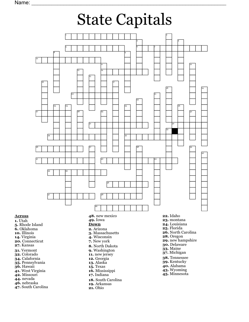 State Capitals Crossword WordMint