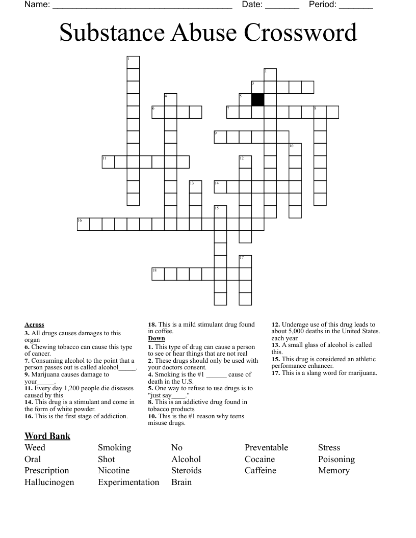 Substance Abuse Crossword WordMint