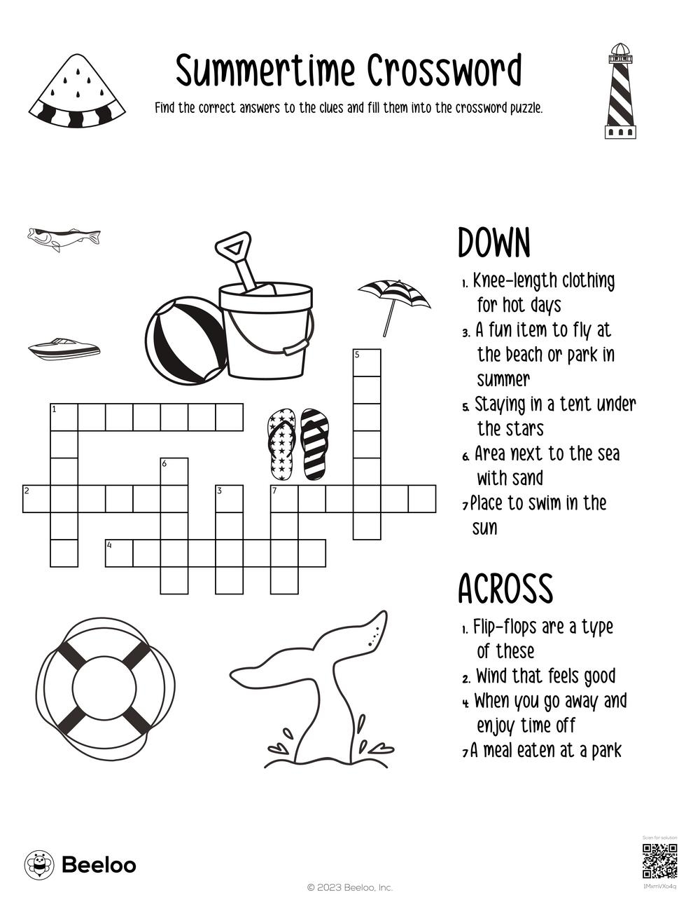 Summer themed Crossword Puzzles Beeloo Printable Crafts And
