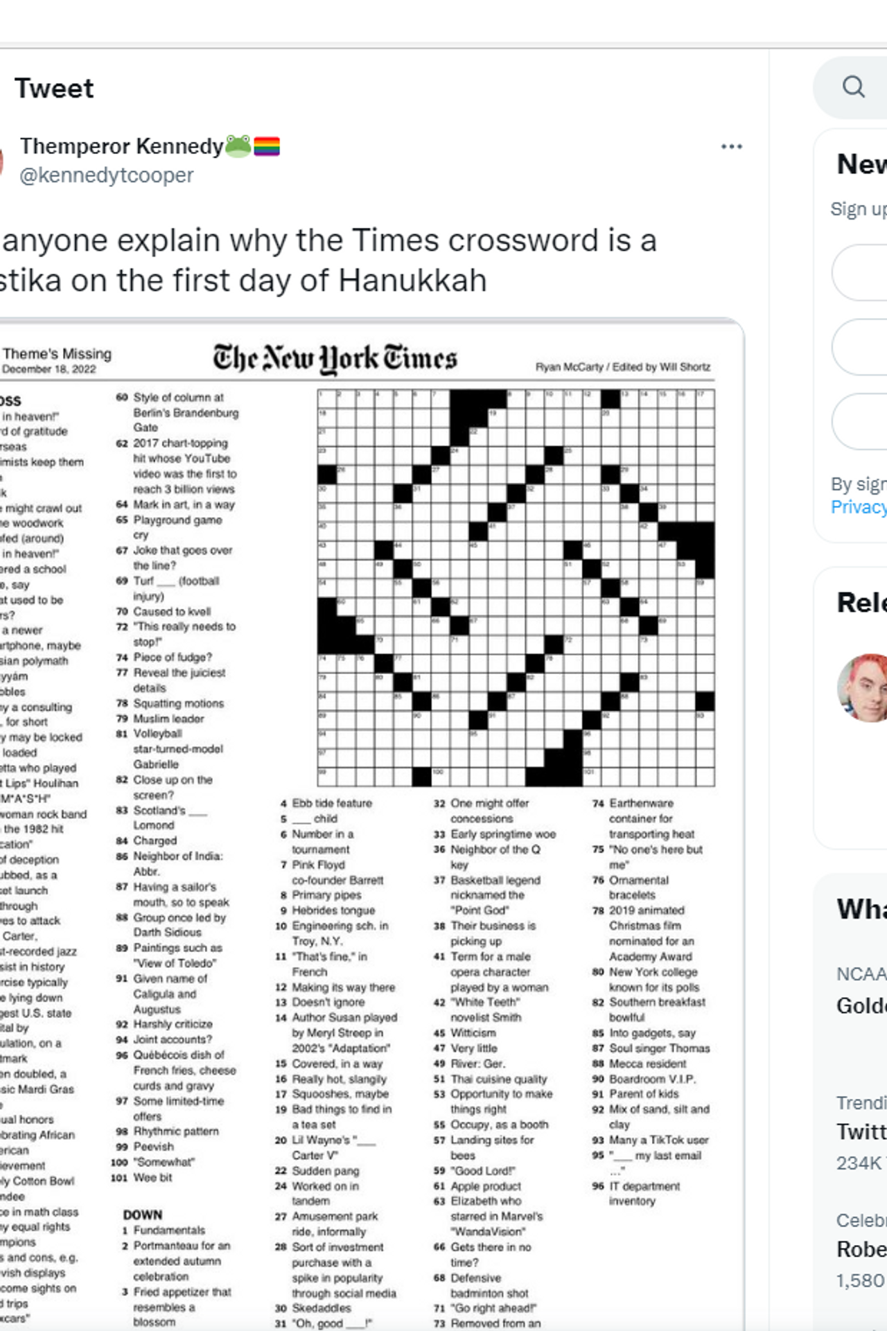 Swastika shaped NYT Crossword Puzzle On 1st Day Of Hanukkah Leads To Backlash