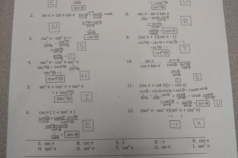 Trig Identities Puzzle Worksheet Key