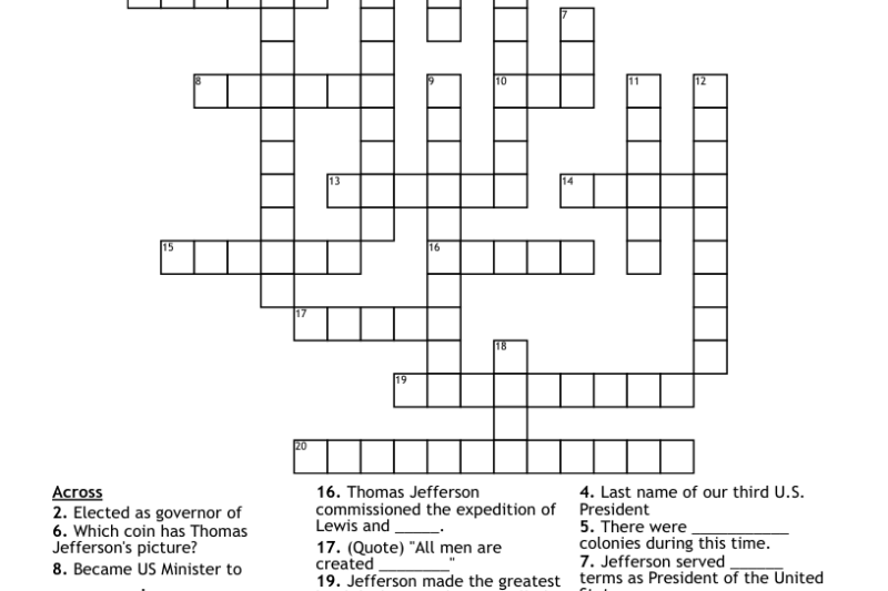 Thomas Jefferson Printable Crossword Puzzle