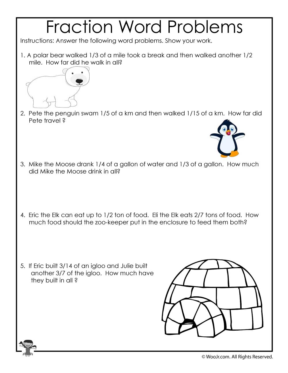 Winter Fractions Word Problems Worksheets For 3rd Grade Woo Jr