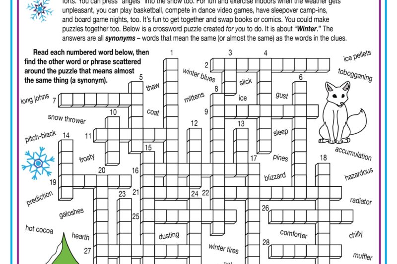 Winter Crossword Puzzle Printable For Adults